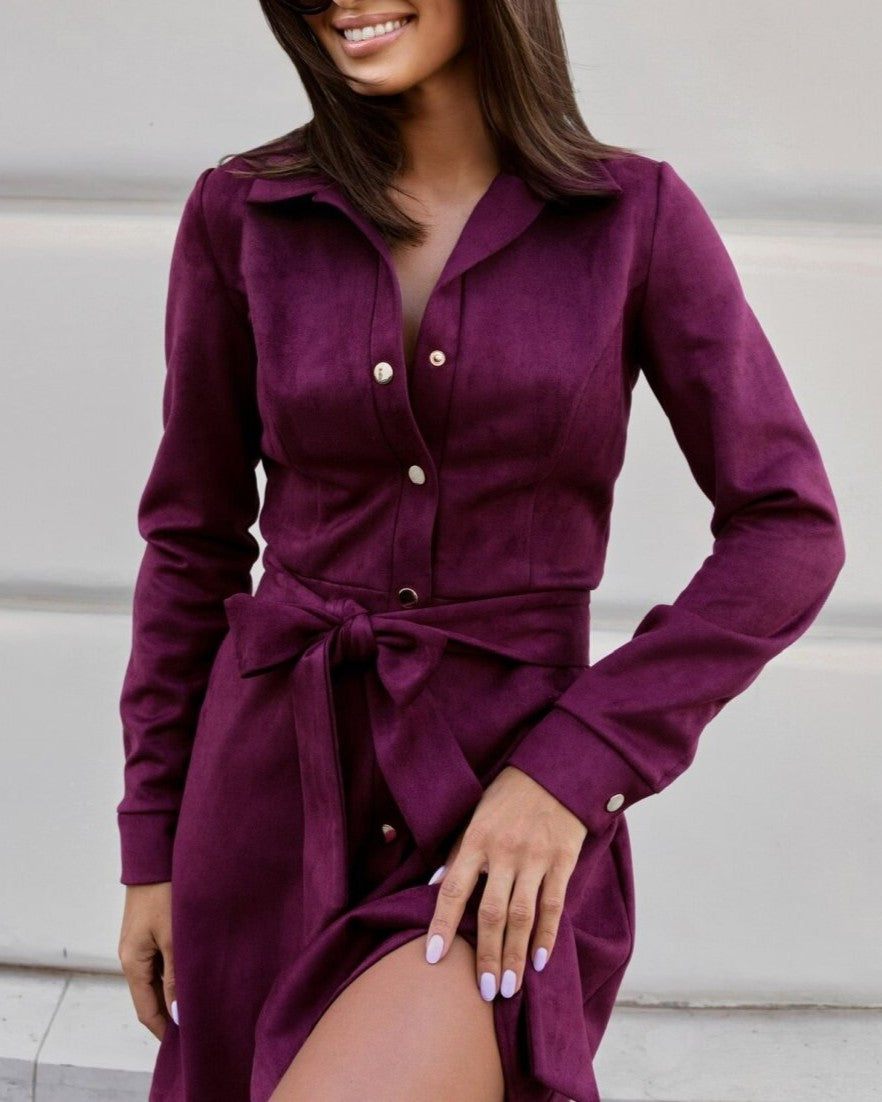 Belted Corduroy Mini Shirt Dress - Red