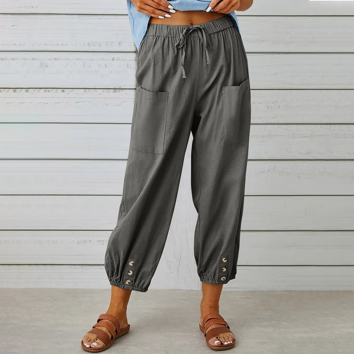 Button Cuff Cropped Pull On Trousers - DarkGray