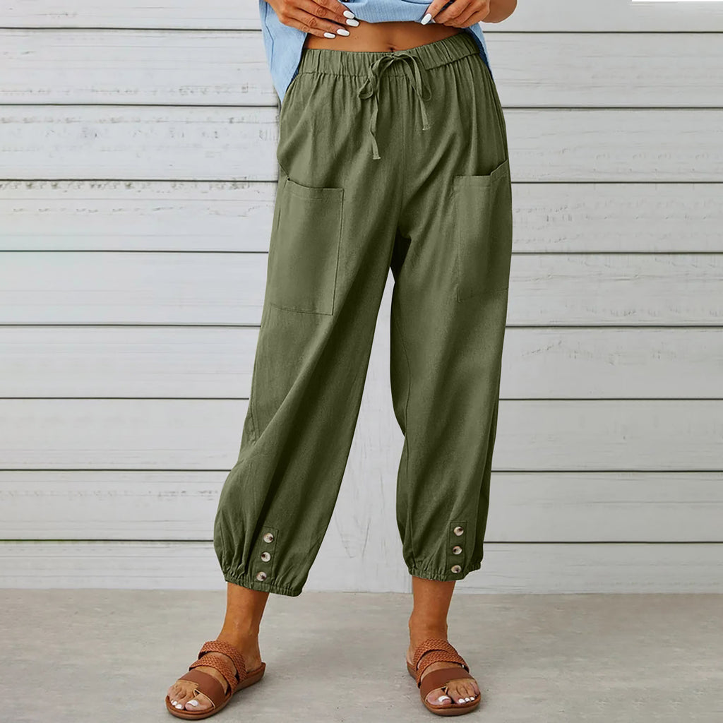 Button Cuff Cropped Pull On Trousers - Green