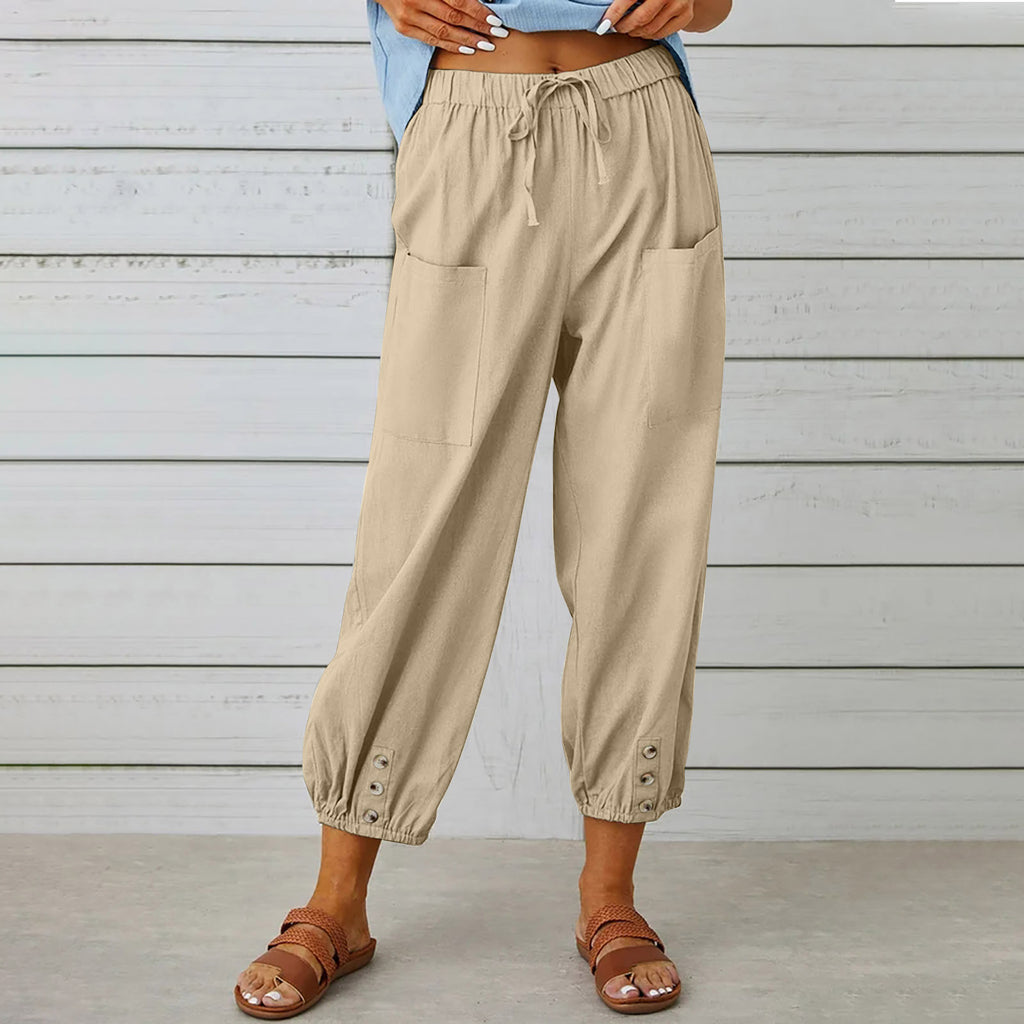 Button Cuff Cropped Pull On Trousers - Khaki