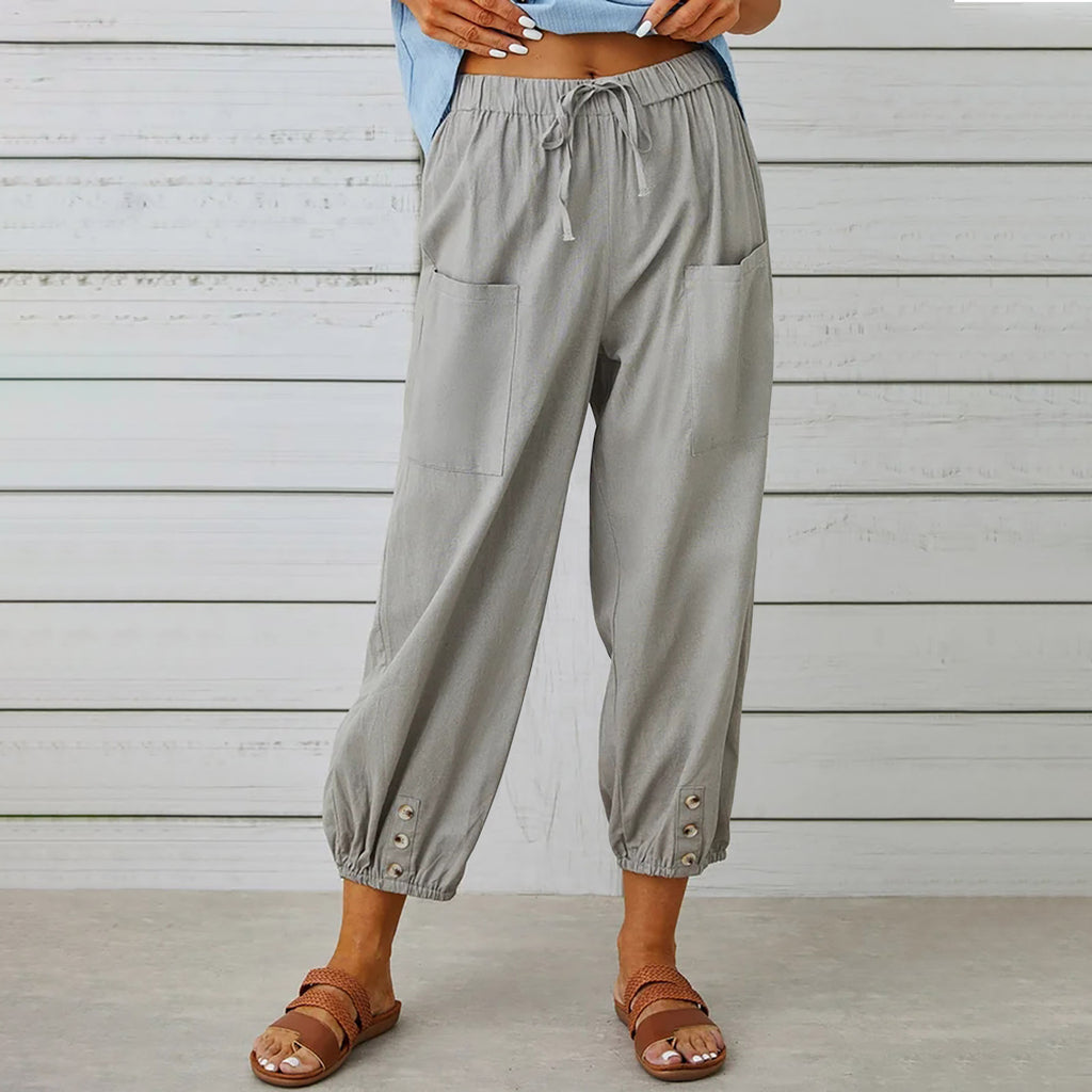 Button Cuff Cropped Pull On Trousers - LightGray