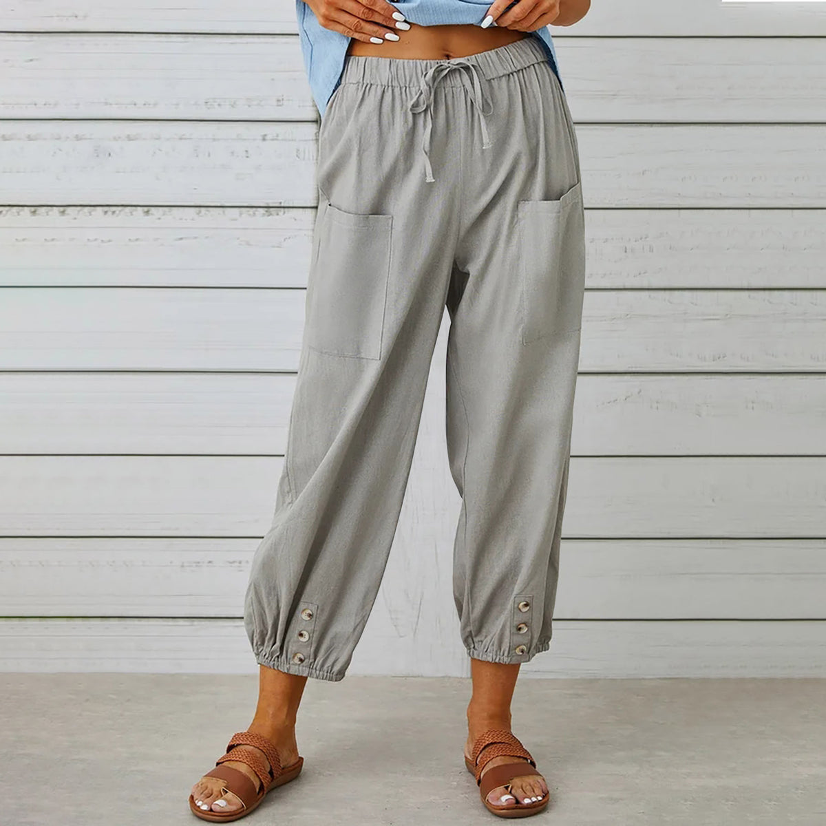 Button Cuff Cropped Pull On Trousers - LightGray