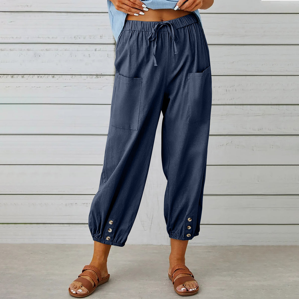 Button Cuff Cropped Pull On Trousers - Navy