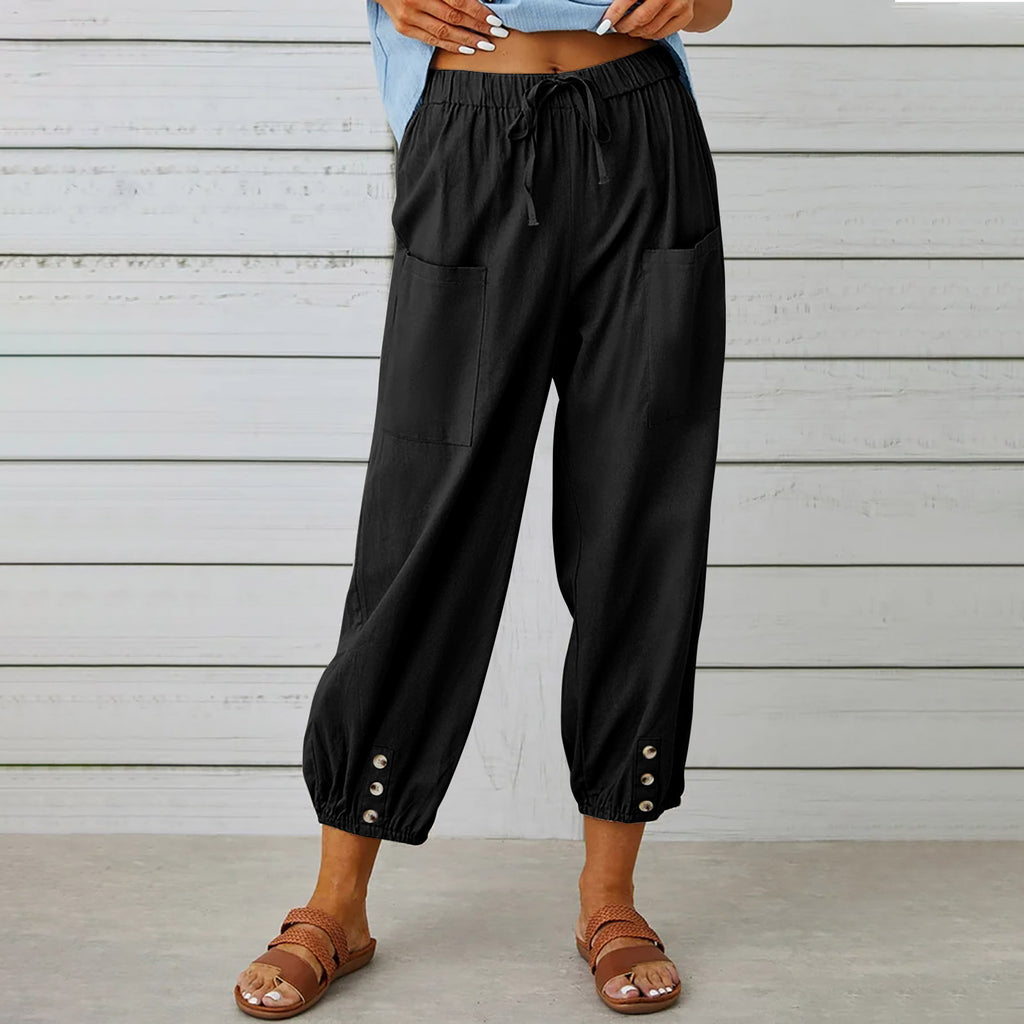 Button Cuff Cropped Pull On Trousers - black