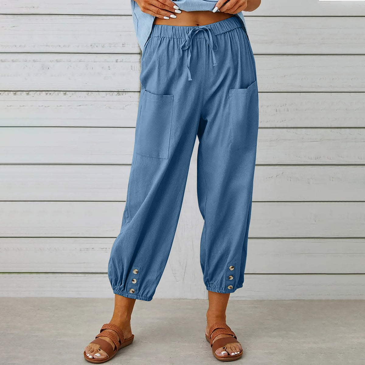 Button Cuff Cropped Pull On Trousers - blue
