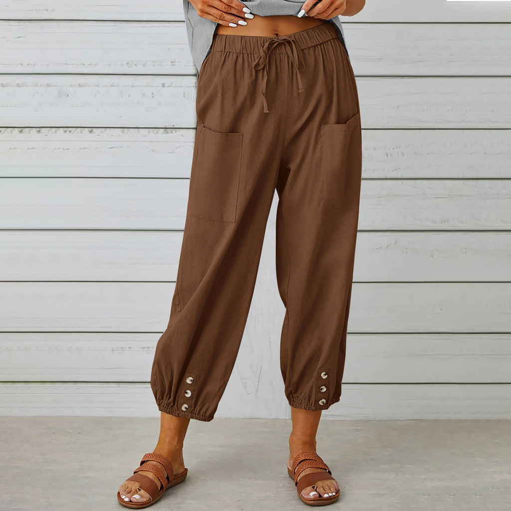 Button Cuff Cropped Pull On Trousers - brown