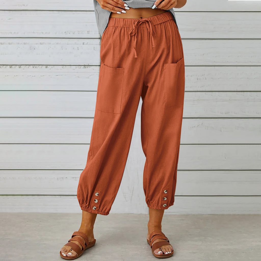 Button Cuff Cropped Pull On Trousers - red