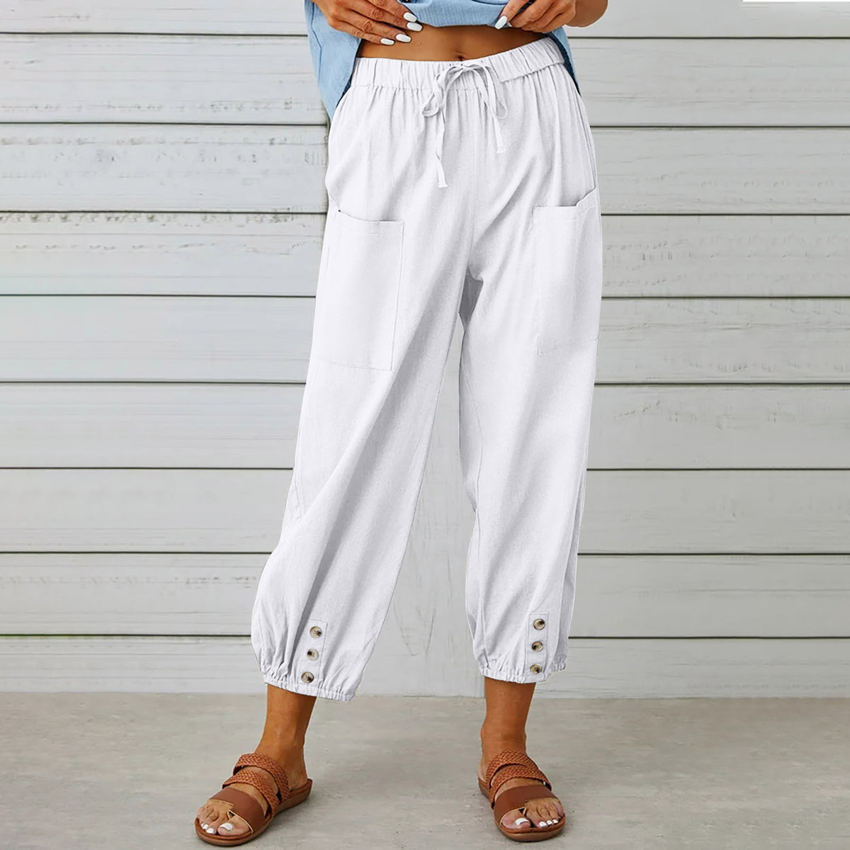 Button Cuff Cropped Pull On Trousers - white