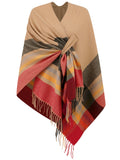 Fringed Plaid Color Block Wrap Cape - Apricot