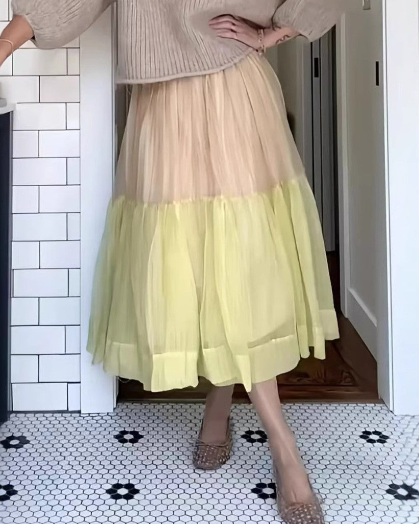 Two Tone Tiered Tulle Midi Skirt - Color