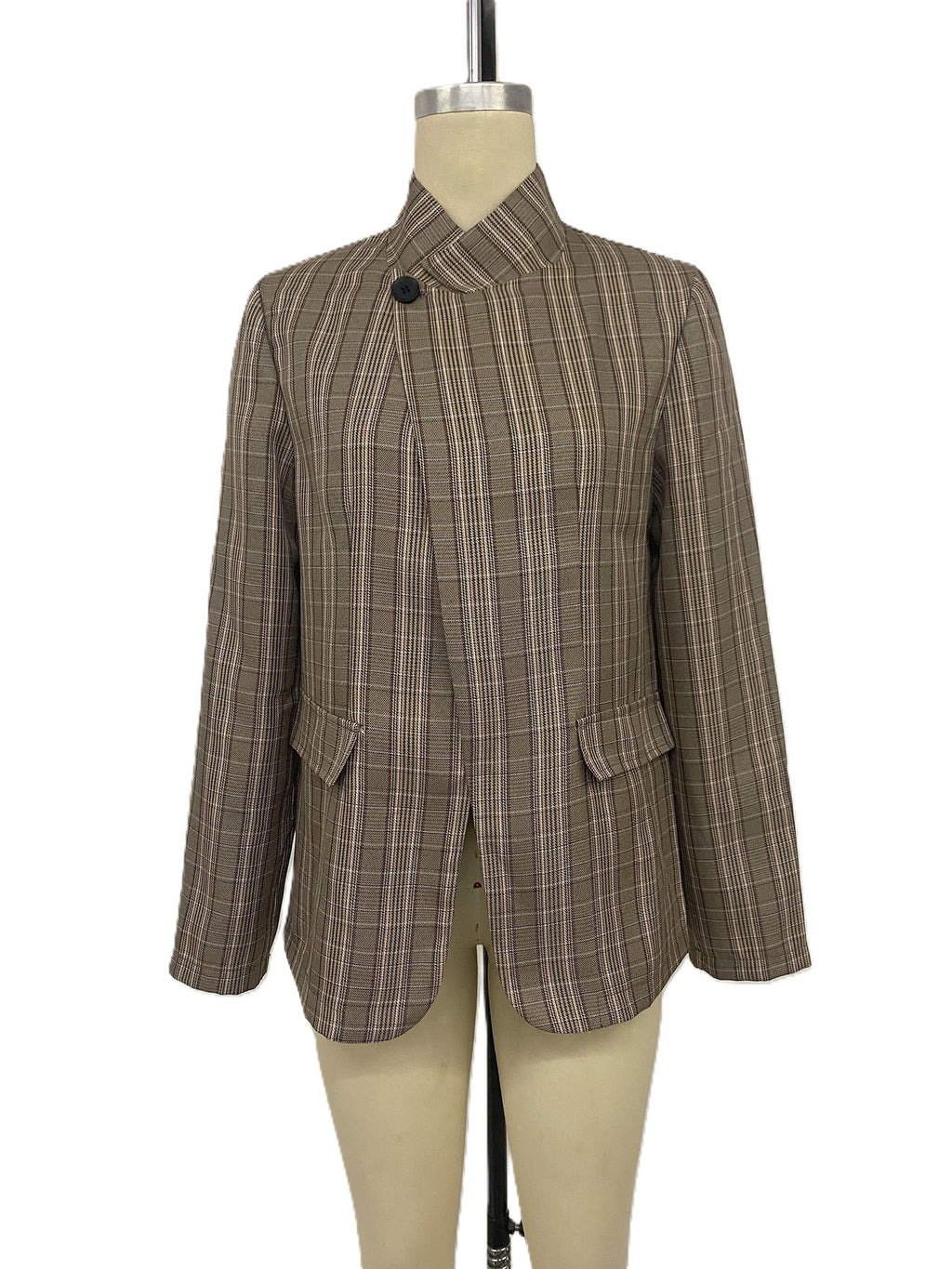 Brown Plaid Stand Collar Asymmetric Button Jacket - Brown - 1