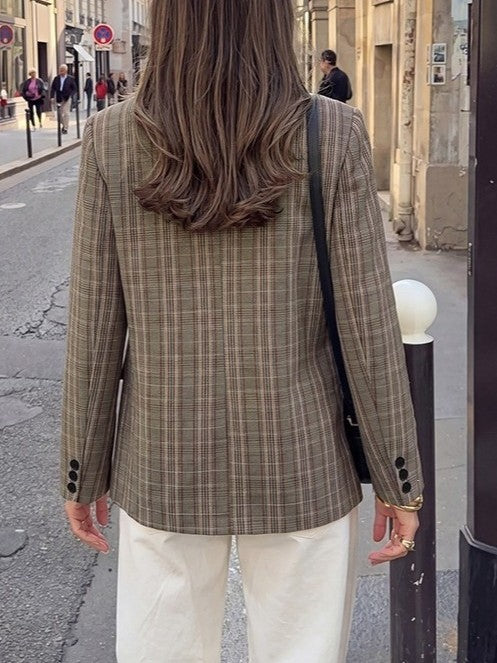 Brown Plaid Stand Collar Asymmetric Button Jacket - Brown - 2