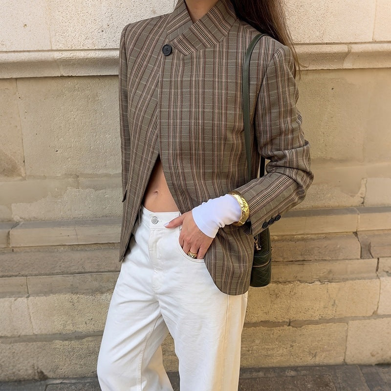 Brown Plaid Stand Collar Asymmetric Button Jacket - Brown - 3