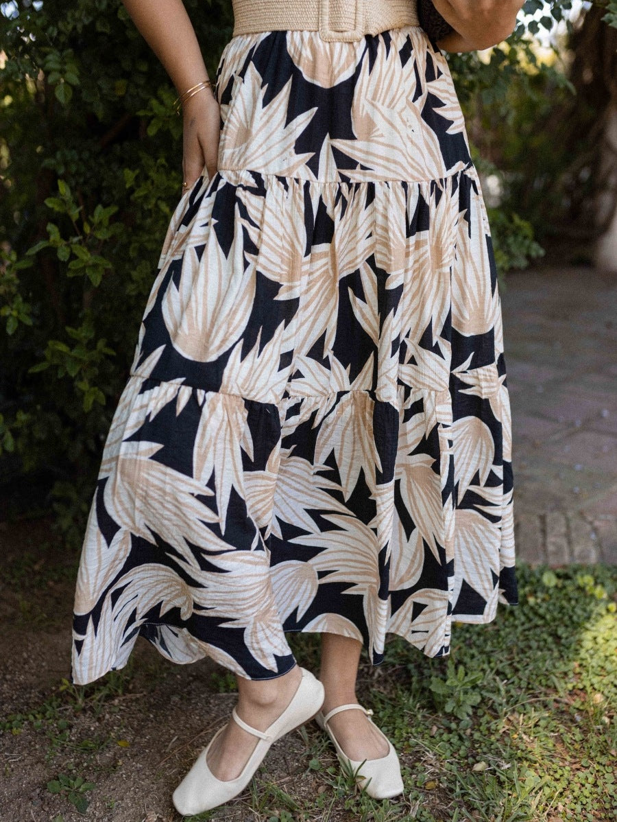 Palm Leaf Print A-Line Midi Skirt - Black