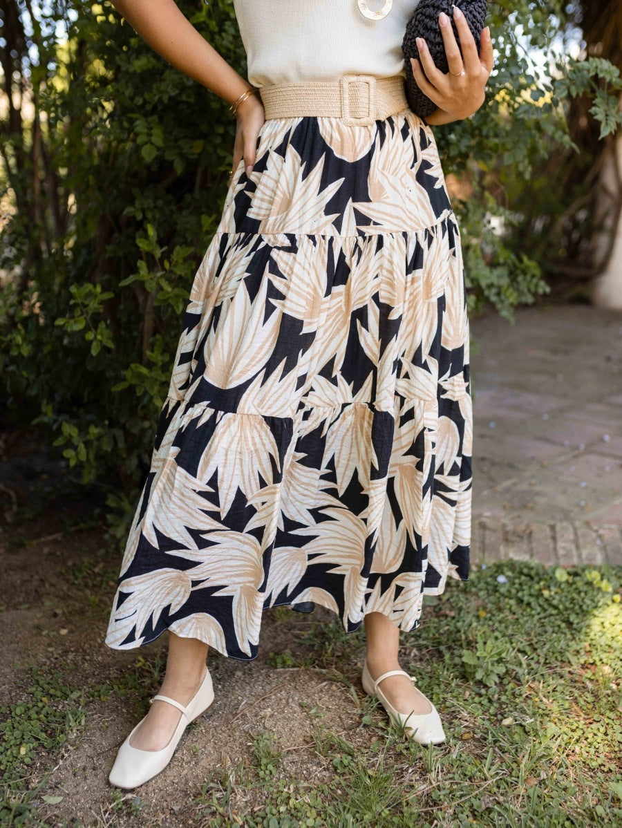 Palm Leaf Print A-Line Midi Skirt - Black - 1