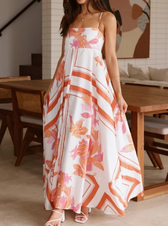 Floral Stripe Print Maxi Slip Dress - Orange