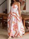 Floral Stripe Print Maxi Slip Dress - Orange
