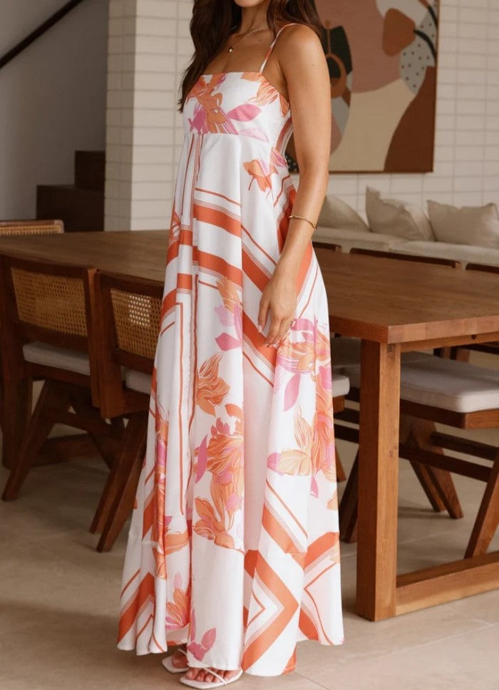 Floral Stripe Print Maxi Slip Dress - Orange - 1