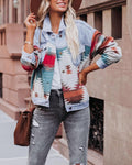 Southwestern Print Patchwork Denim Jacket - Blue