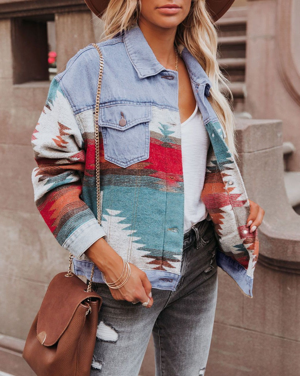 Southwestern Print Patchwork Denim Jacket - Blue - 1