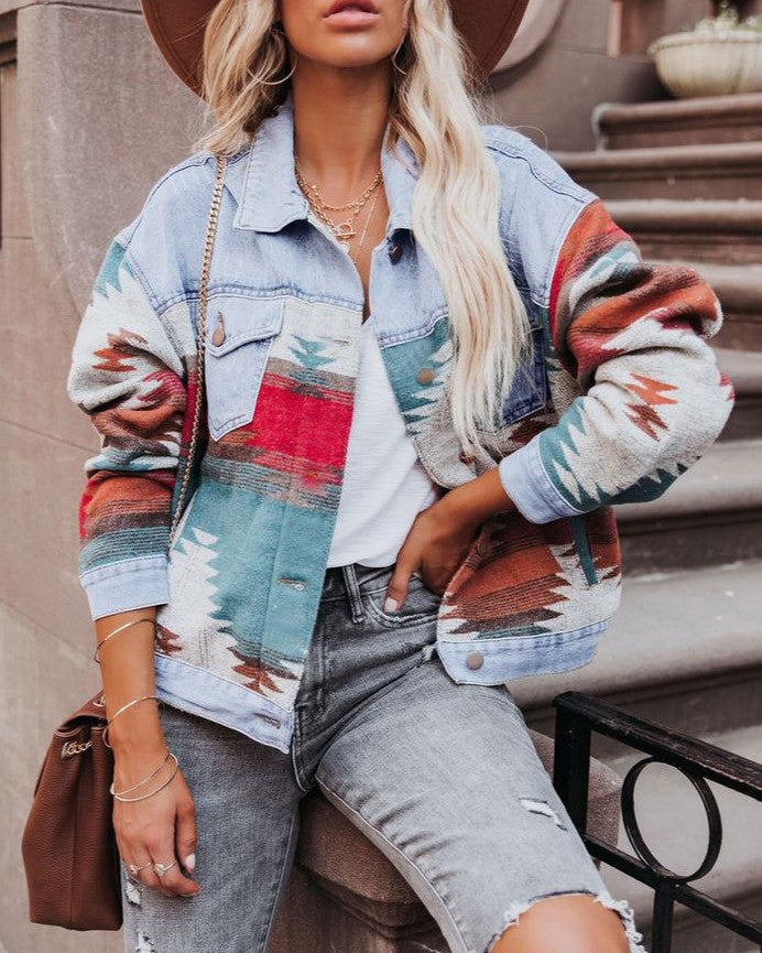Southwestern Print Patchwork Denim Jacket - Blue - 2