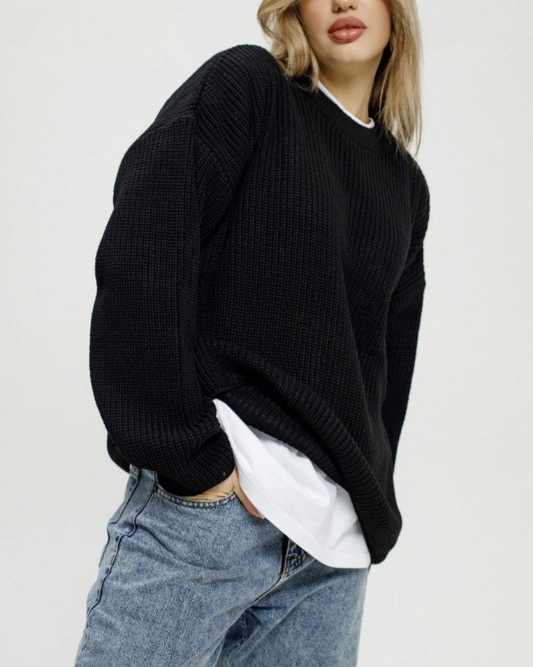 Slouchy Drop Shoulder Ribbed Pullover Sweater - Black