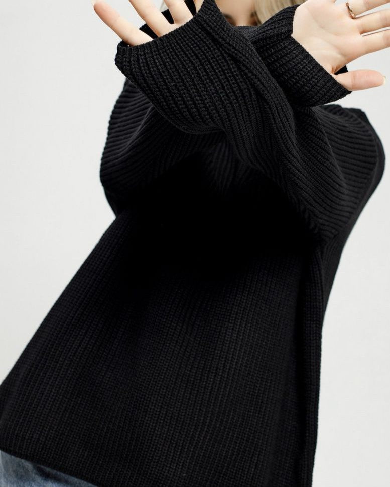Slouchy Drop Shoulder Ribbed Pullover Sweater - Black - 2