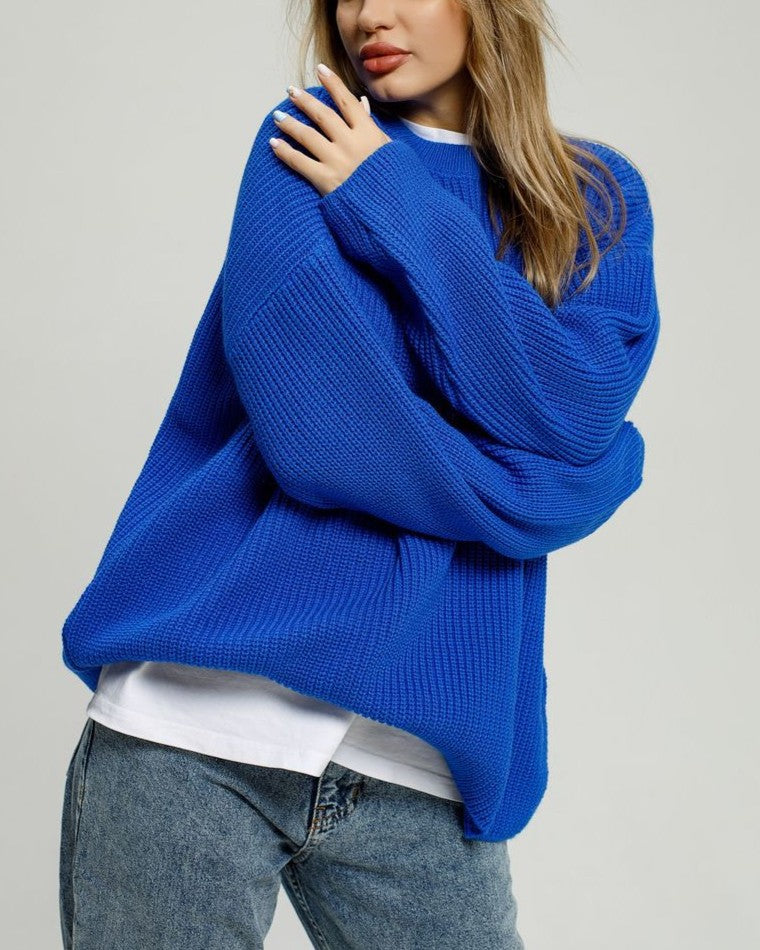 Slouchy Drop Shoulder Ribbed Pullover Sweater - Blue