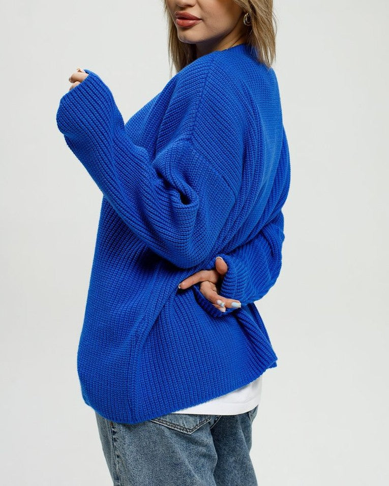 Slouchy Drop Shoulder Ribbed Pullover Sweater - Blue - 1