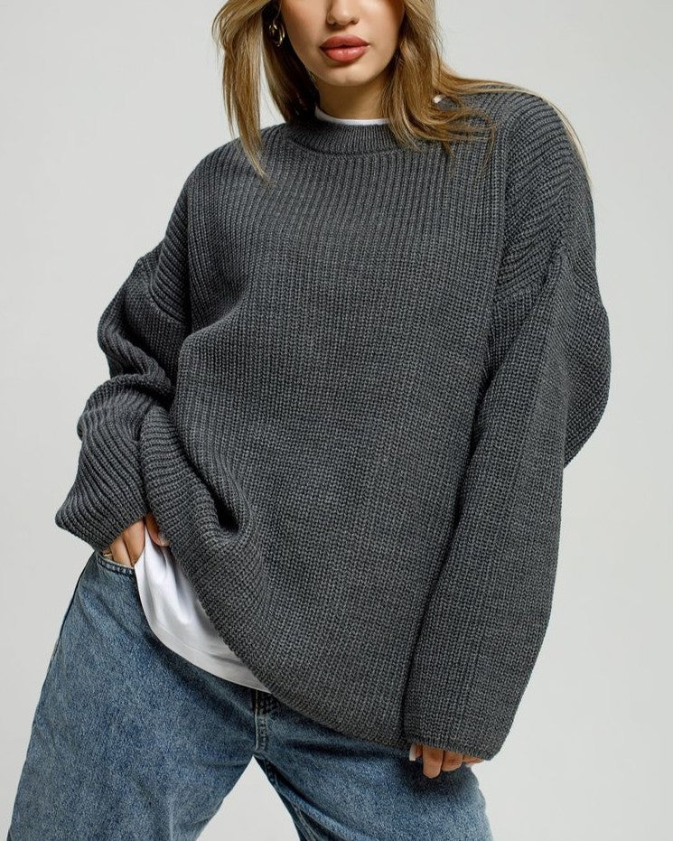Slouchy Drop Shoulder Ribbed Pullover Sweater - Dark-Gray