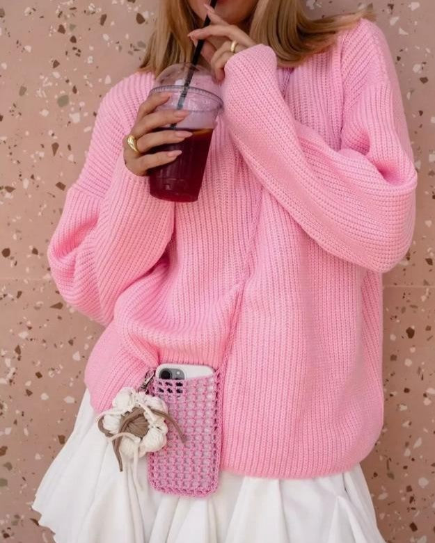Slouchy Drop Shoulder Ribbed Pullover Sweater - Pink