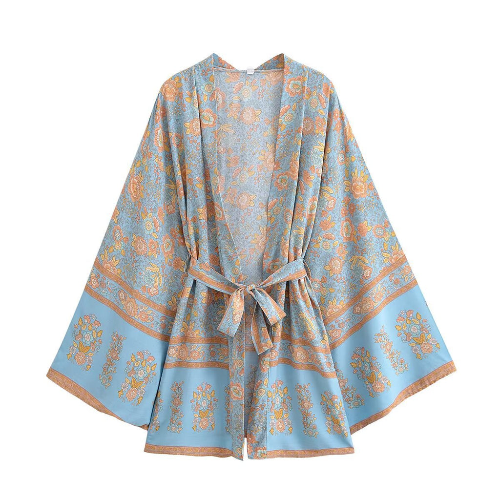 Floral Boho Kimono With Wide Sleeves And Belt - Blue