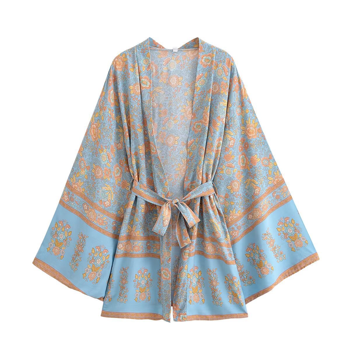 Floral Boho Kimono With Wide Sleeves And Belt - Blue