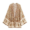Floral Boho Kimono With Wide Sleeves And Belt - Brown