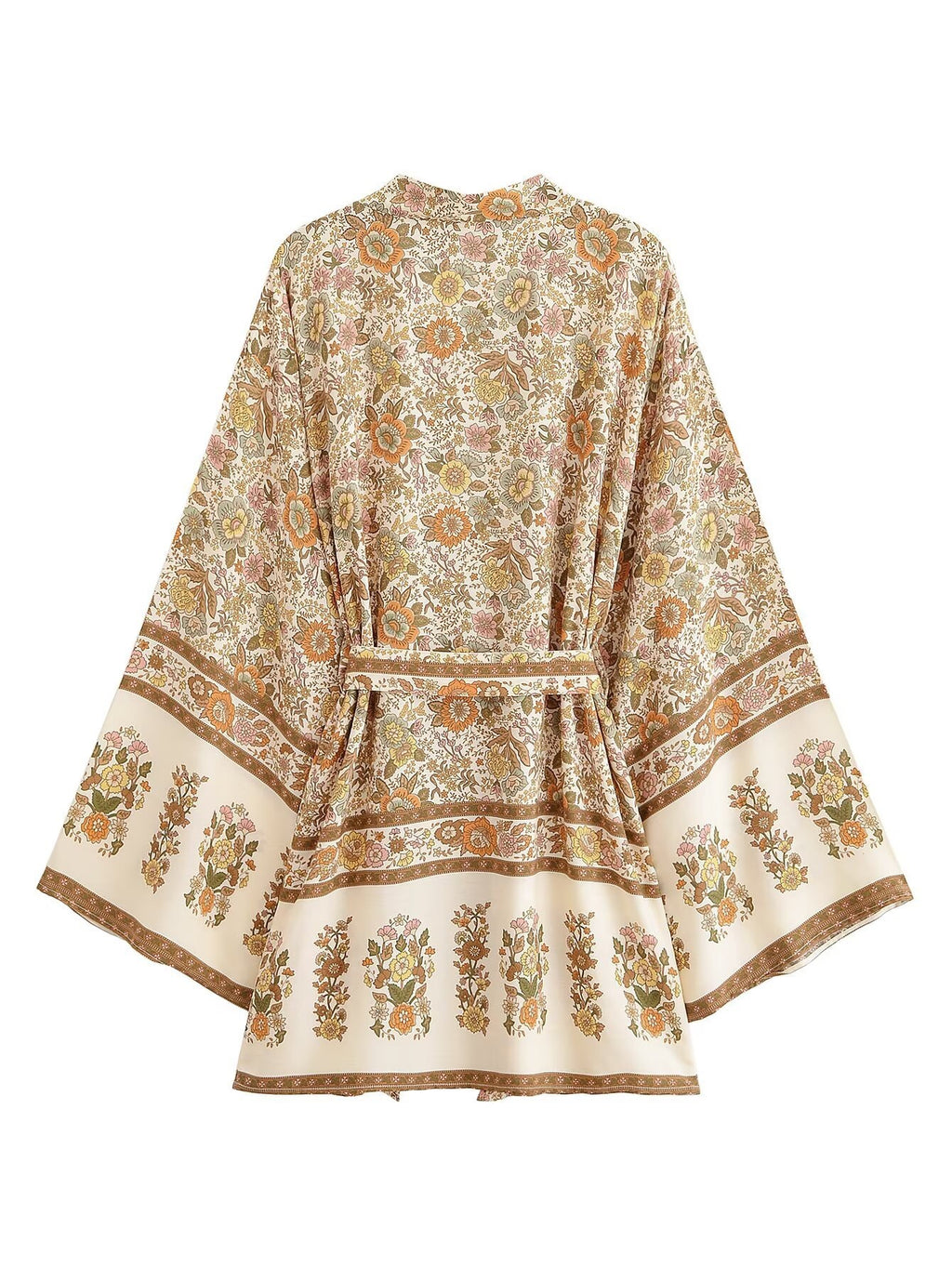 Floral Boho Kimono With Wide Sleeves And Belt - Brown - 2