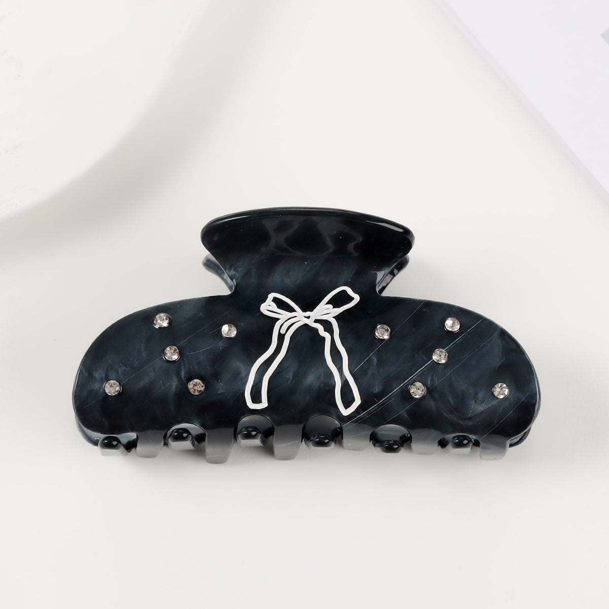 Rhinestone Bow Marbled Hair Claw Clip - Black