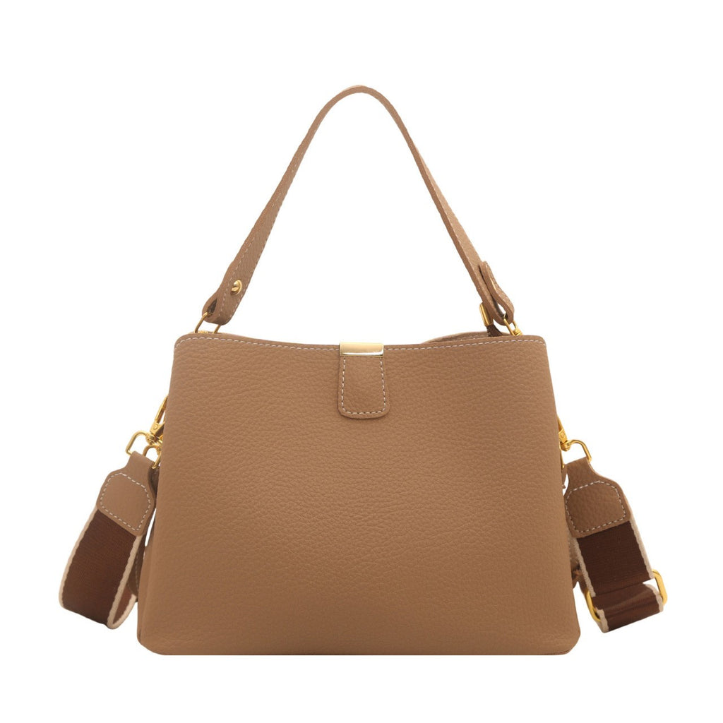 Pebbled Bucket Bag with Wide Guitar Strap - Camel