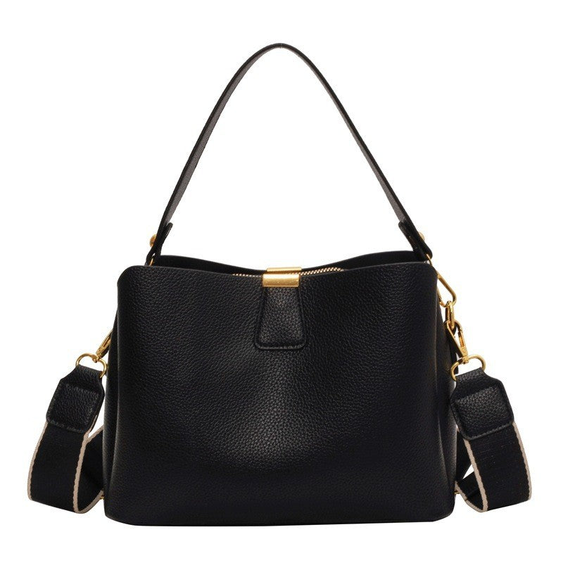 Pebbled Bucket Bag with Wide Guitar Strap