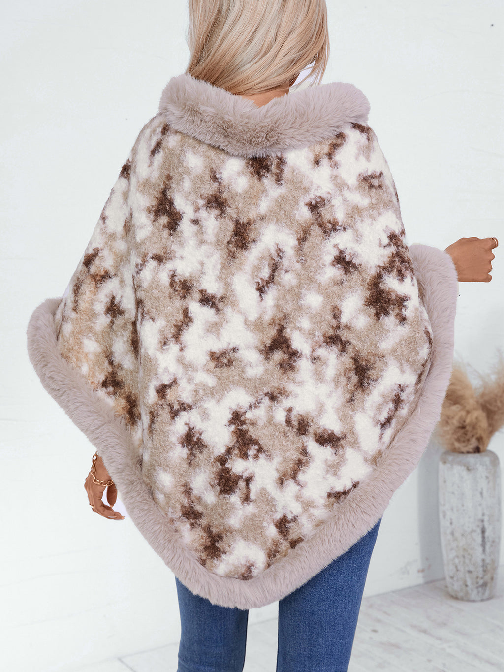 Faux Fur Trim Poncho Cape - Apricot