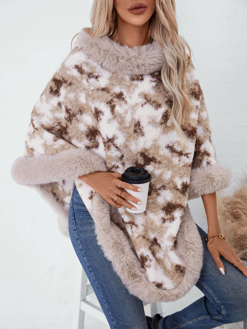 Faux Fur Trim Poncho Cape - Apricot - 2