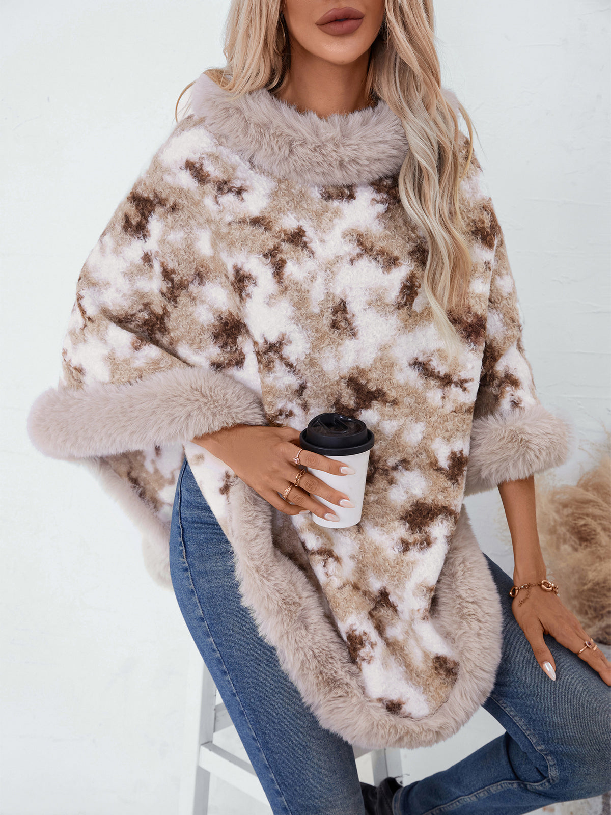 Faux Fur Trim Poncho Cape - Apricot - 2