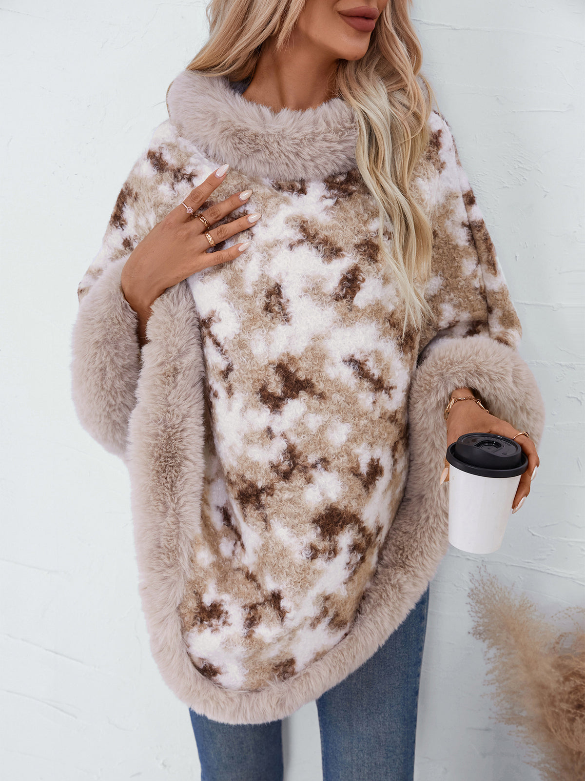 Faux Fur Trim Poncho Cape - Apricot - 5