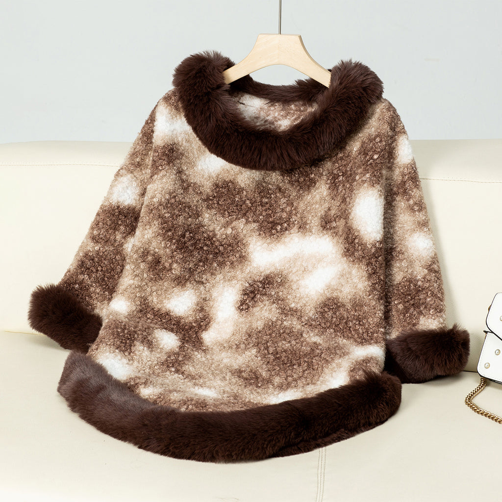 Faux Fur Trim Poncho Cape - Coffee