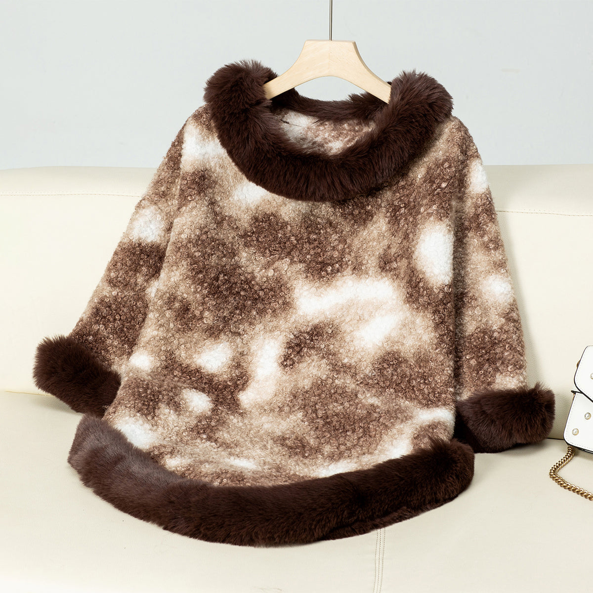 Faux Fur Trim Poncho Cape - Coffee