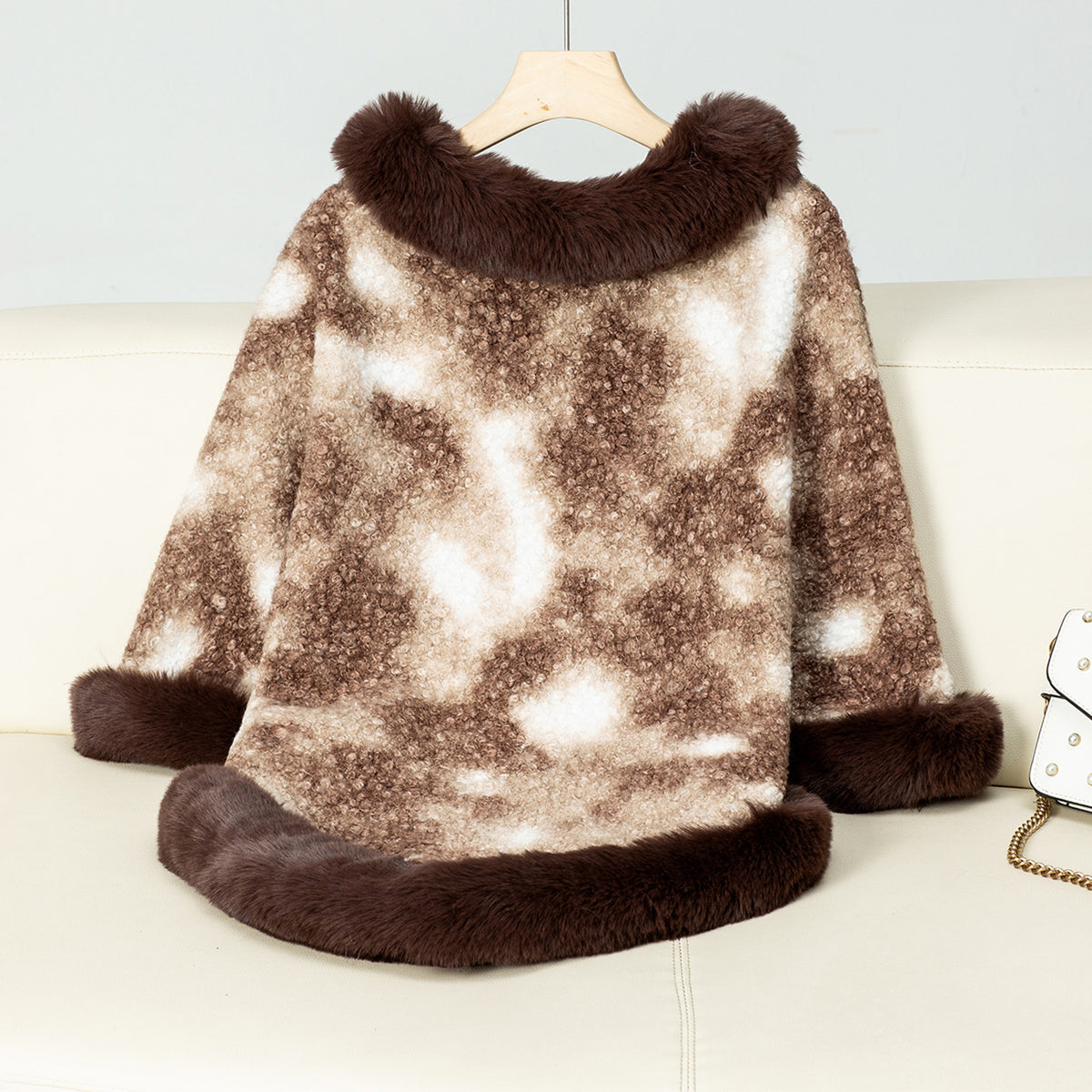 Faux Fur Trim Poncho Cape - Coffee - 1