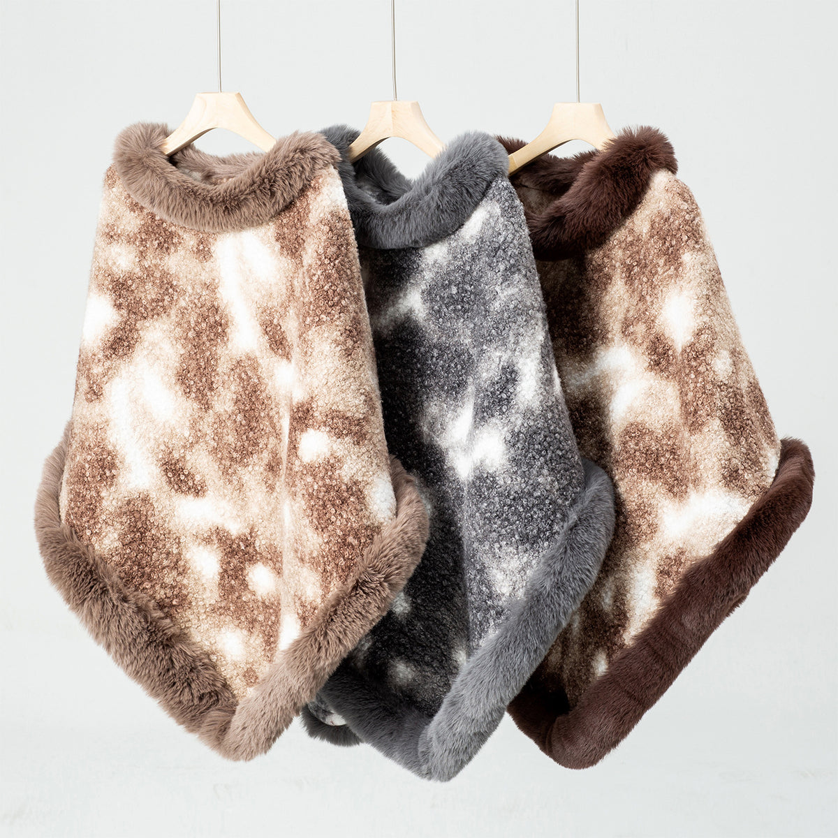Faux Fur Trim Poncho Cape - Coffee - 2