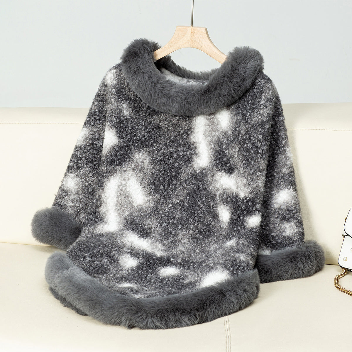 Faux Fur Trim Poncho Cape - Grey
