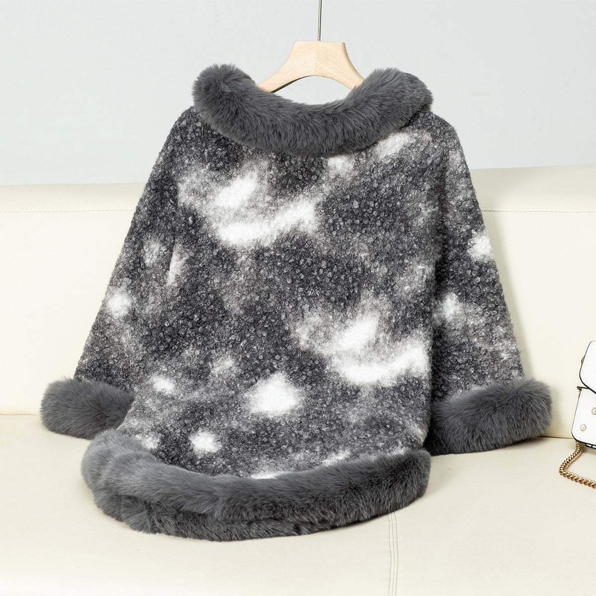 Faux Fur Trim Poncho Cape - Grey - 1