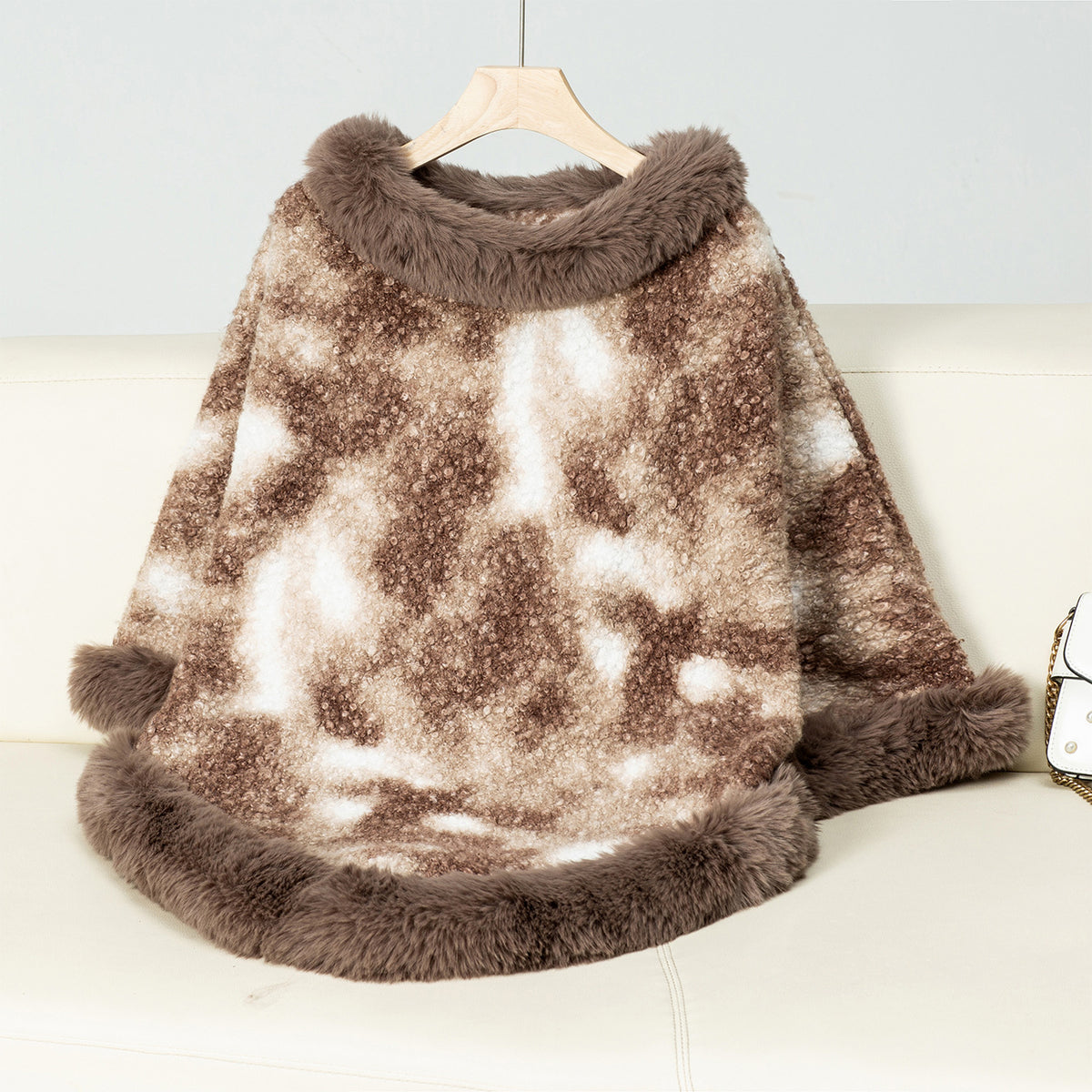 Faux Fur Trim Poncho Cape - Khaki