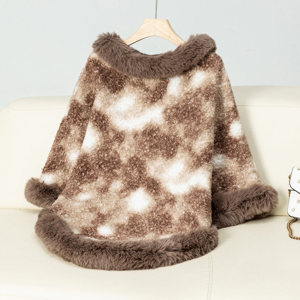 Faux Fur Trim Poncho Cape - Khaki - 1